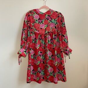 Elegant Floral Mini Dress - Red, Pink, and Green